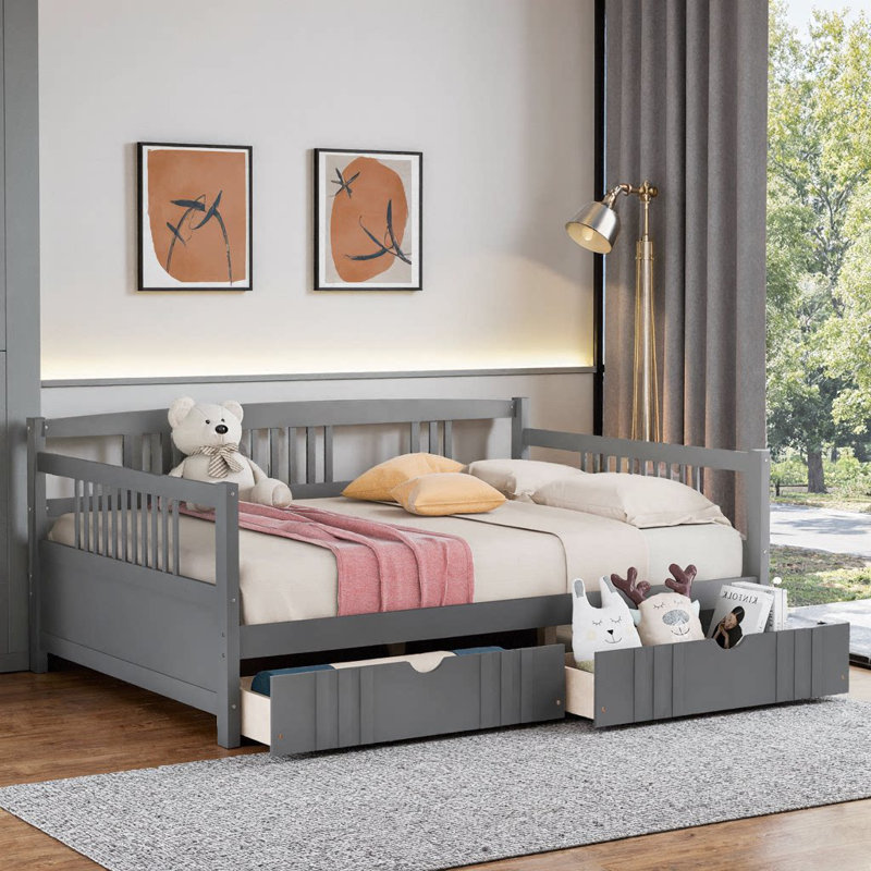 Full Size Espresso Solid Pine Wood Daybed with 2 Storage Drawers - Space-Saving Sleeper Sofa, Gray, Full