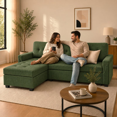 Canapé-lit modulaire en L Corduroy avec méridienne de rangement, lit escamotable et méridienne réversible