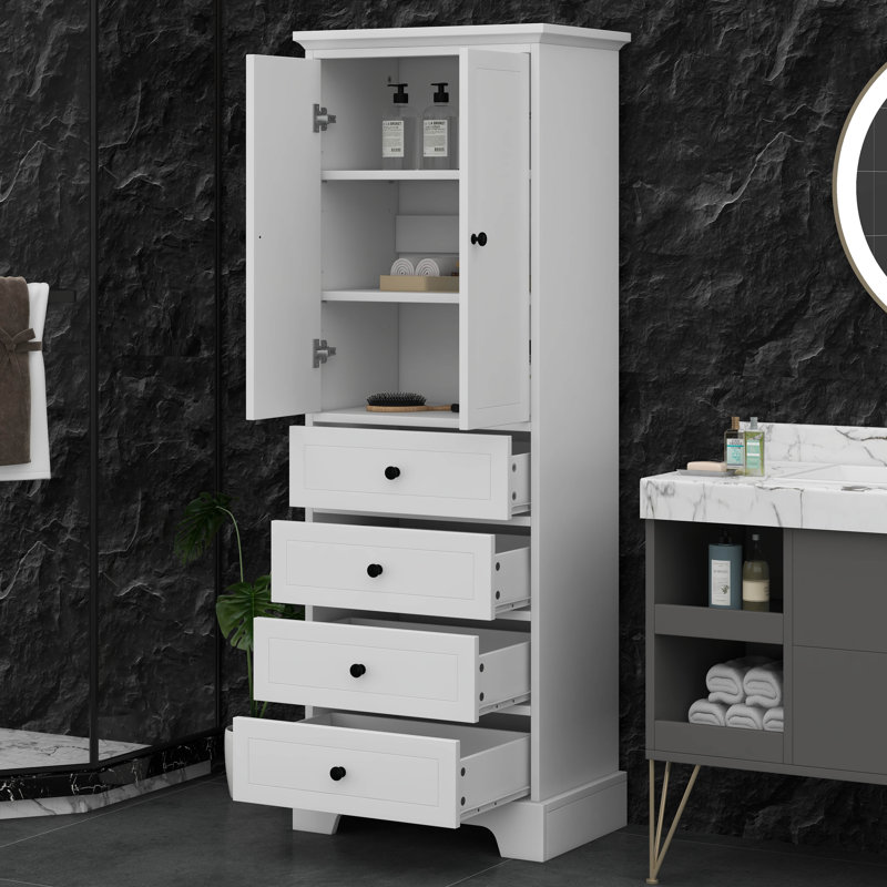 Armoire de rangement autoportante avec 2 portes / tablette réglable / 4 tiroirs, armoire pour salle de bain, bureau, cuisine, panneau de fibres à densité moyenne