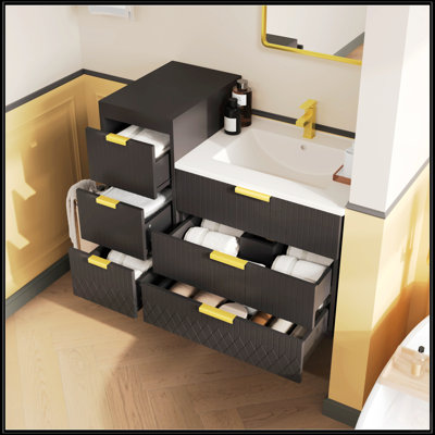 Armoire de salle de bain flottante murale de 24 pouces avec armoire latérale, lavabo en céramique et trou de robinet simple, conception moderne et peu encombrante
