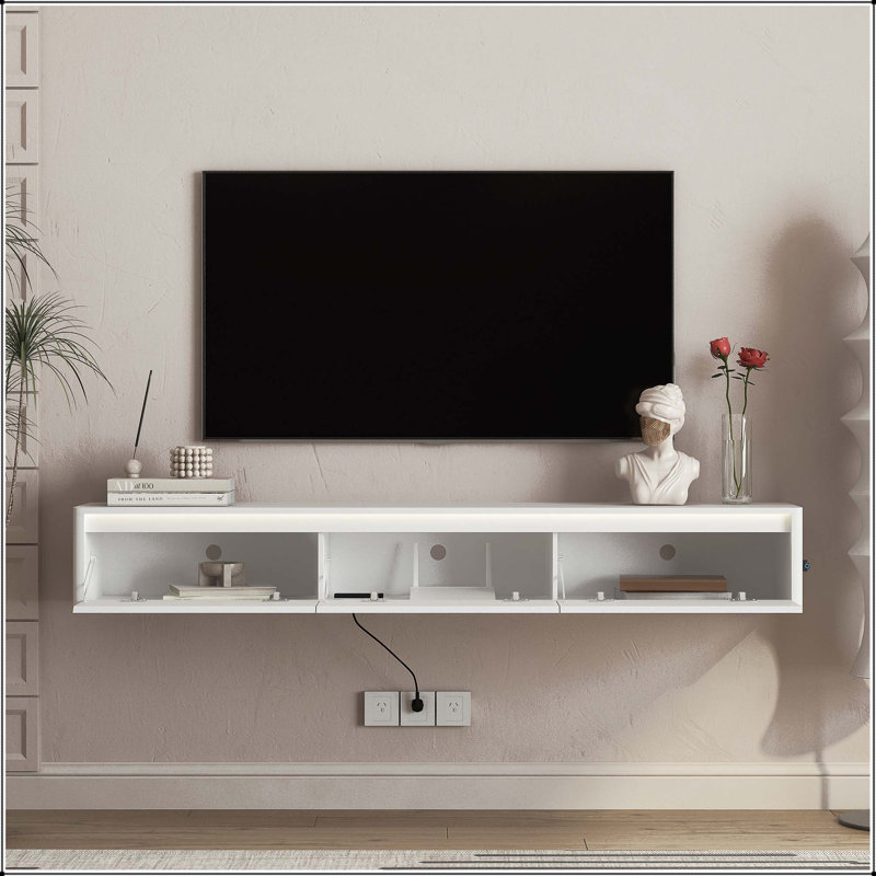 Meuble télé flottant avec lumières DEL et prise de courant, White