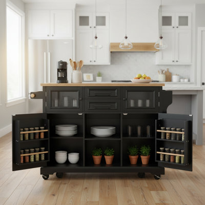 Black Kitchen & Dining Island, 4-Wheel Mobile, With Folding Tabletop, Power Outlet, 4-Door Storage Rack (Cross Barn Doors + Visible Glass Doors)