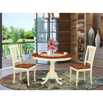 3 Piece Modern Dining Table Set Contains a Round Wooden Table with Pedestal and 2 Kitchen Dining Chairs, 42x42 Inch, Buttermilk & Cherry