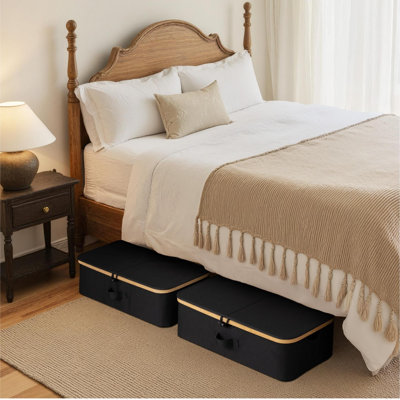 Underbed Storage Containers with Lids, Low Profile Under Bed Storage Box with Bamboo Frame, 42L Sturdy Fabric Organizer(Black/2-Pack)