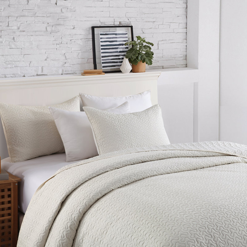 Ensemble de courtepointe en microfibre 3 pièces QSM02, Courtepointe grand + 2 couvre-oreillers standard, Blanc