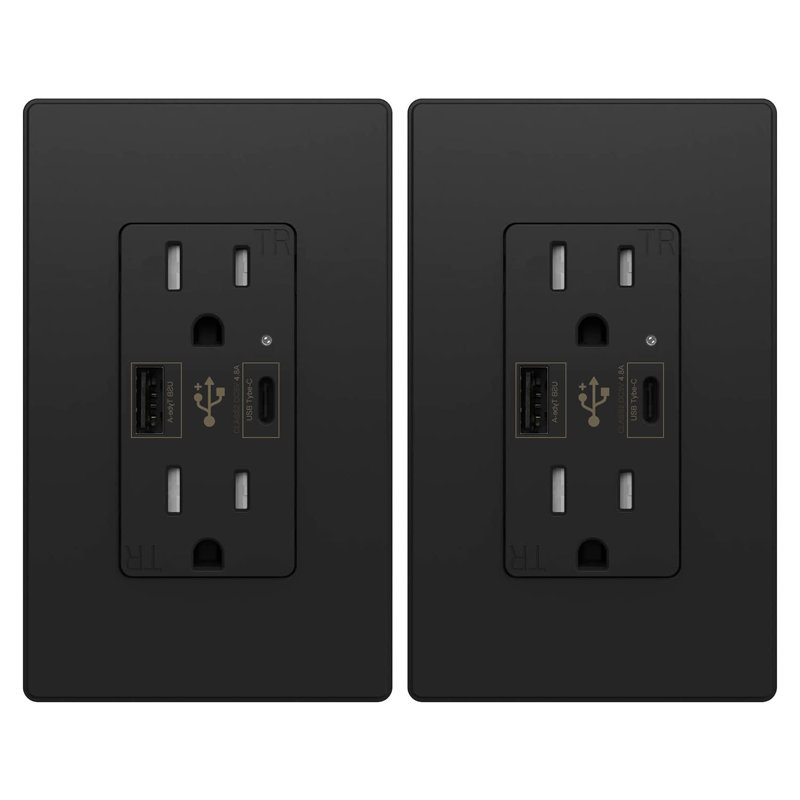 Black 15A Tamper Resistant Duplex Outlet with USB-C Ports