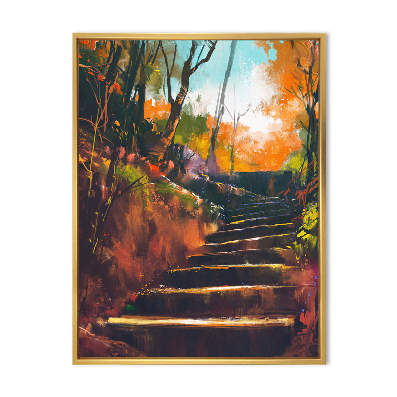 Stone Stair Path In Autumn Forest - reproduction d'art sur toile traditionnelle, H 33 po x l 16 po, Cadre doré