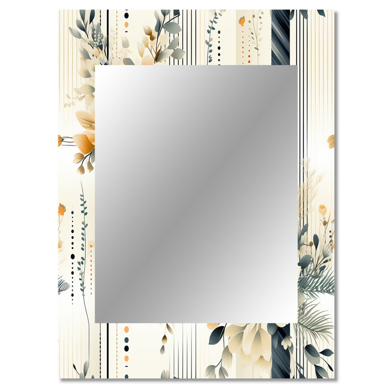 Shiena Neutral Greys Flowers Accents - botanical  Large Mirror, Boho Decorative Wall Mirror, Printed Metal Art, 40" x 30"