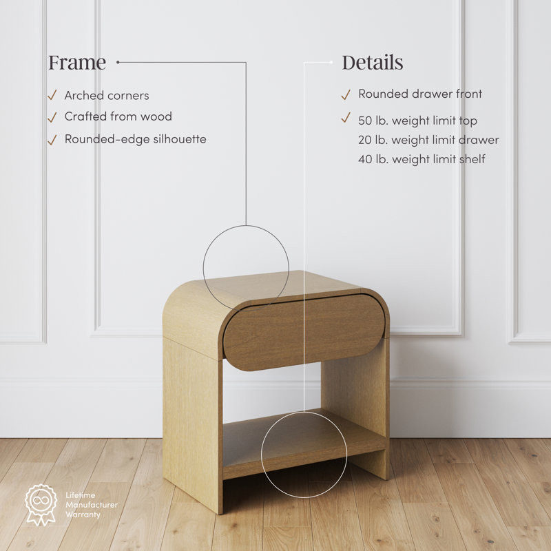 Arched Nightstand with Drawer in Warm Oak, Warm Oak