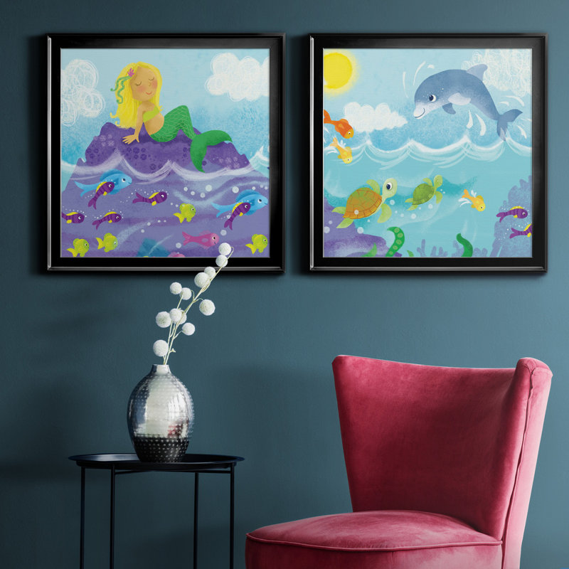 «Mermaid Play I», ensemble de 2 impressions sur toile encadrées, Noir, H 30,5 po x l 61 po x P 1,5 po