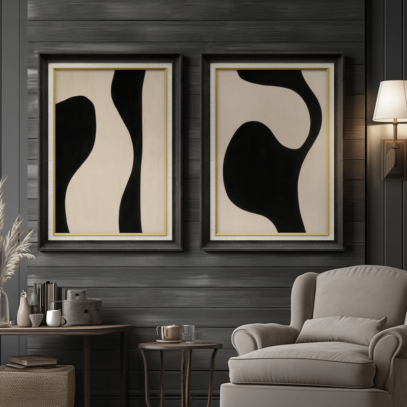 «Bold Black and White Curved Forms Modern Minimal», ensemble de 2 reproductions d'art encadrées sur papier de qualité supérieure 26 po x 36 po
