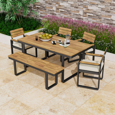 Ensemble de salle à manger de patio en bois d'acacia 6 pièces avec 4 chaises rembourrées et banc, meubles de jardin pour 6 à 7 personnes