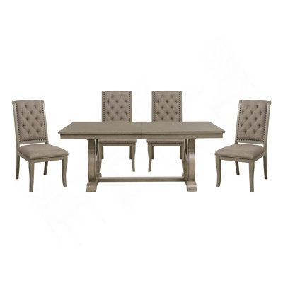 Classic Luxury Dining 5Pc Extendable Table And Chairs Set Button Tufted Upholstered Self-Storing Leaf Traditional Design Furniture