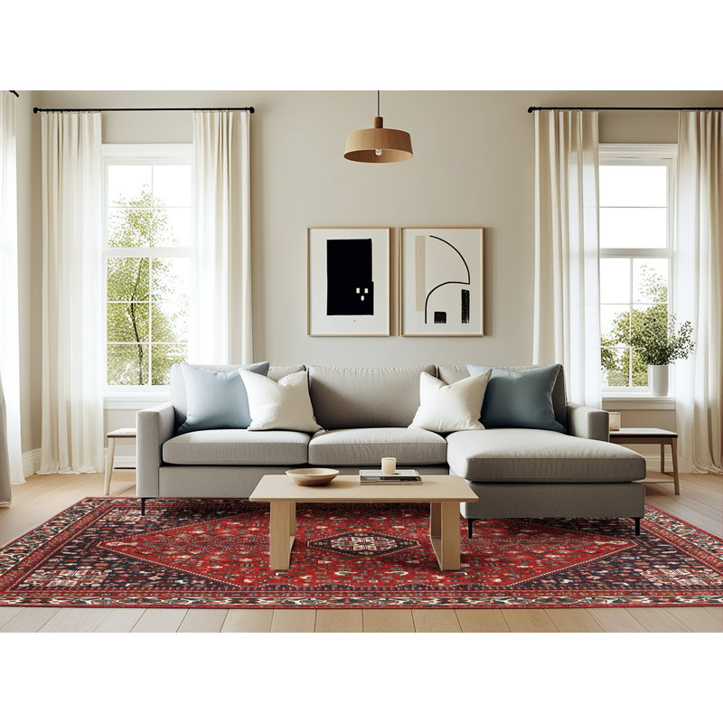 Tapis en laine rouge / noir, Rectangle 6 pi x 9 pi