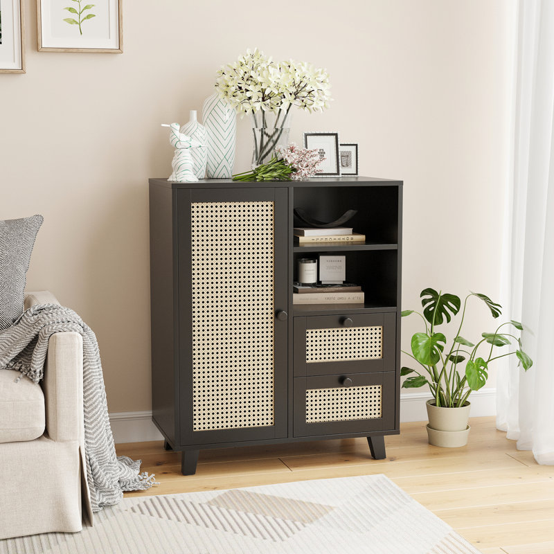 Buffet en rotin avec tablette réglable, Black