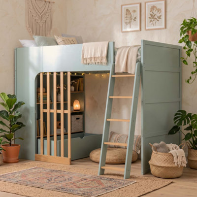 Loft Bed with Shelves, Wooden High Sleeper Loft Bed with Ladder and Storage Shelves