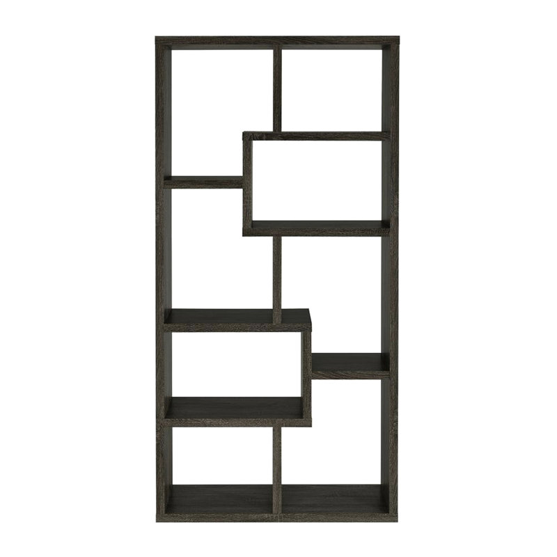 Bibliothèque rectangulaire à 10 tablettes en gris vieilli, sept espaces ouverts de différentes tailles et bibliothèque à motif géométrique gris, finition grattée, pour salle d'étude