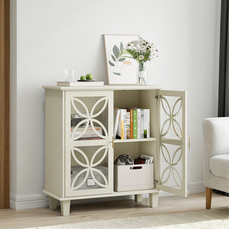Buffet, armoire de salle de bain autoportante avec portes en verre trempé, console de cuisine rétro moderne, armoire de rangement décorative à 2 portes, couleur crème