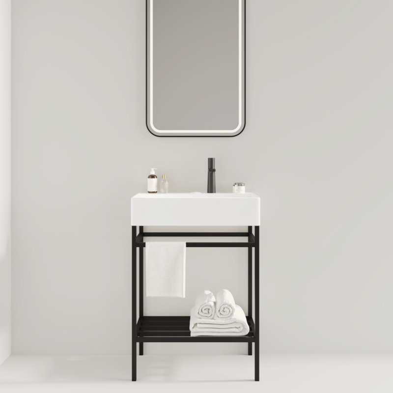 24" Bathroom Vanity With Ceramic Basin, Freestanding Bathroom Console Sink Set, Glossy Red Rectangular Ceramic Basin Without Faucet, Open Metal Leg, Storage Shelves