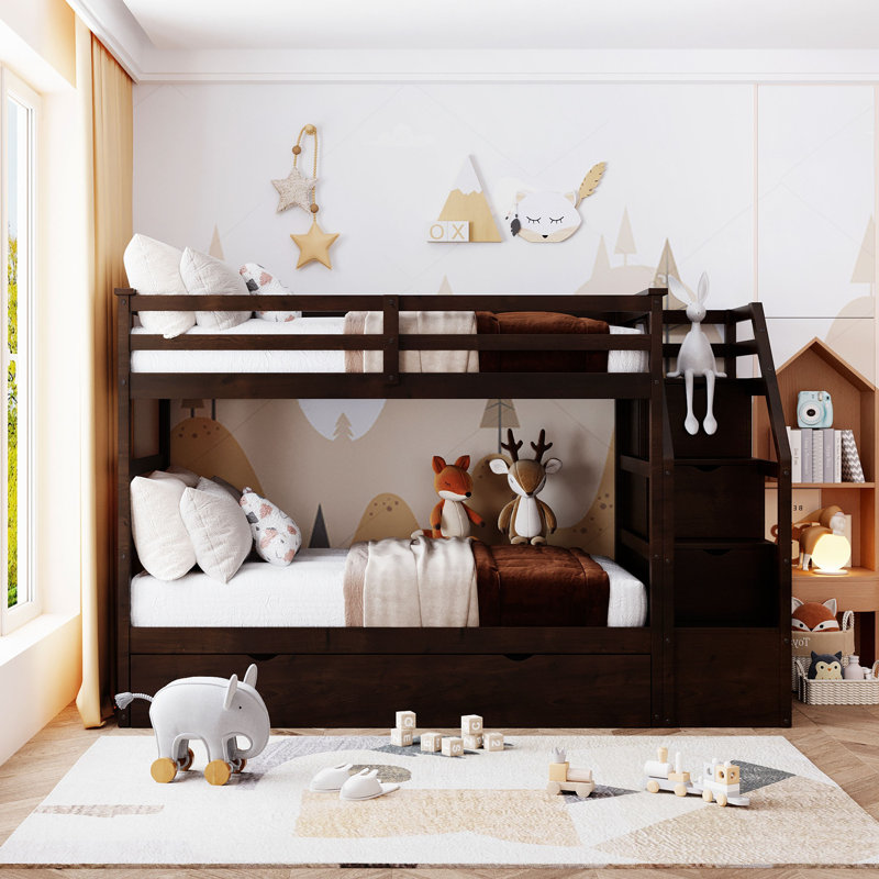 Twin Over Twin Bunk Bed with Trundle, Storage Staircase and Solid Wood Frame for Kids Bedroom, Espresso