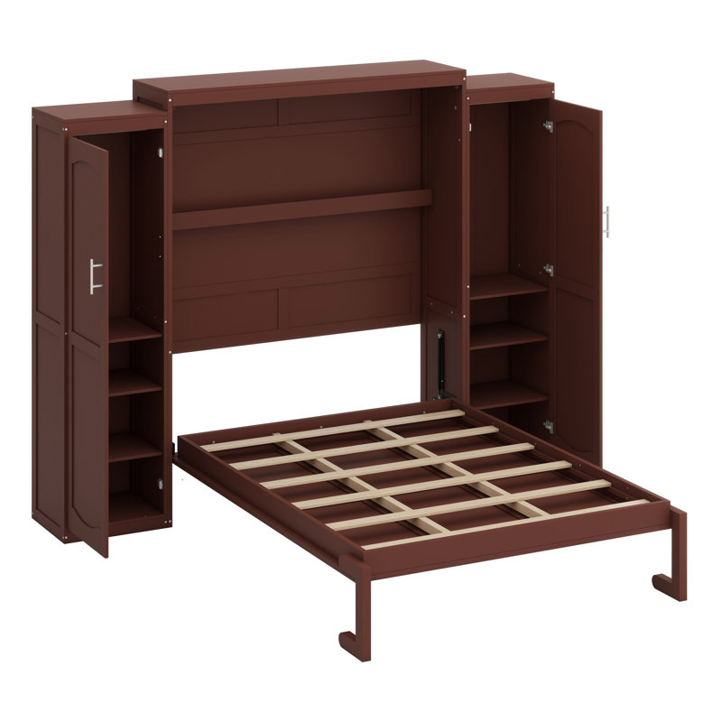 Lit escamotable en bois avec 2 garde-robe et tablette de rangement, Noyer