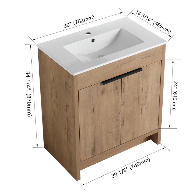 Balliet 30'' Free Standing Single Bathroom Vanity with Ceramic Top, Floor Standing Vanity with 2 Doors, 1 Adjustable Shelf
