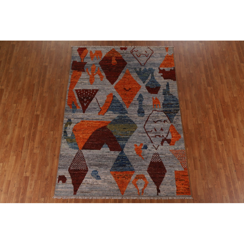 Tapis gris en laine noué à la main de conception unique 6 pi 2 po x 8 pi 10 po New Age