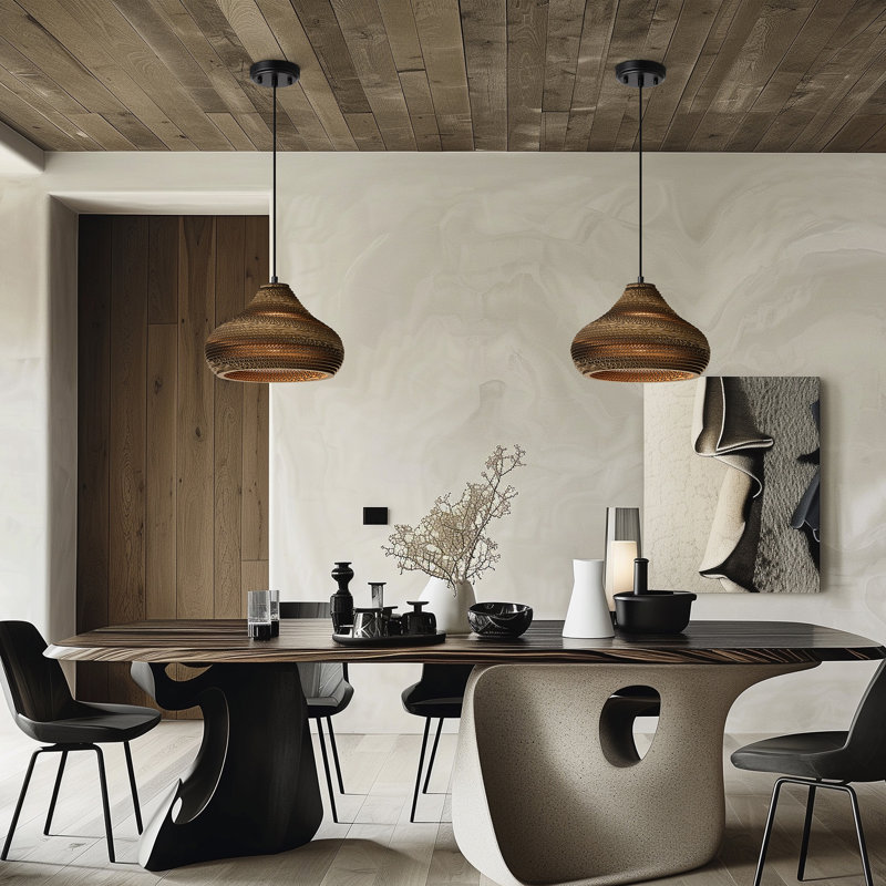 100-watt 1-light Matte Black Modern Nordic Style Pendant Light With Natural Brown Origami Paper Shade