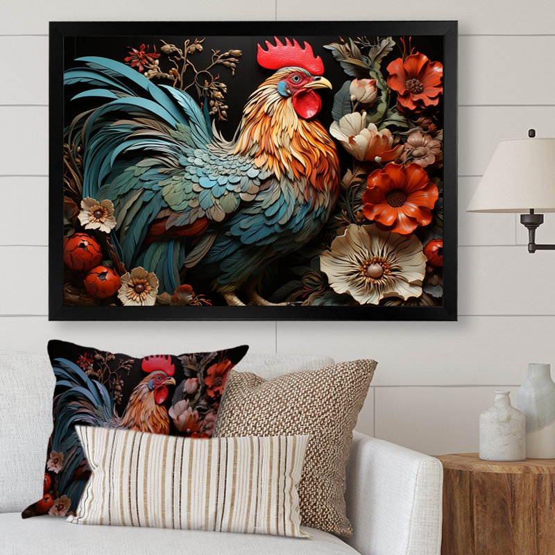Art mural coq moderne avec coq moderne, H 24 po x l 32 po x P 1 po, Cadre d'angle fermé noir