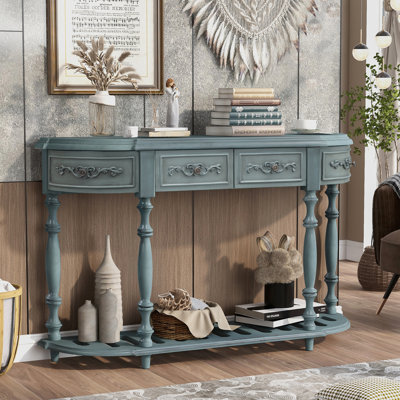 Console antique bleue avec 4 tiroirs et 1 tablette, meubles d'entrée, table courbée en bois massif de 52 po, bleu, couloir