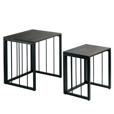 Set of 2 Industrial Farmhouse Nesting Side Tables – Burnt Wood Tops with Black Metal Frame
