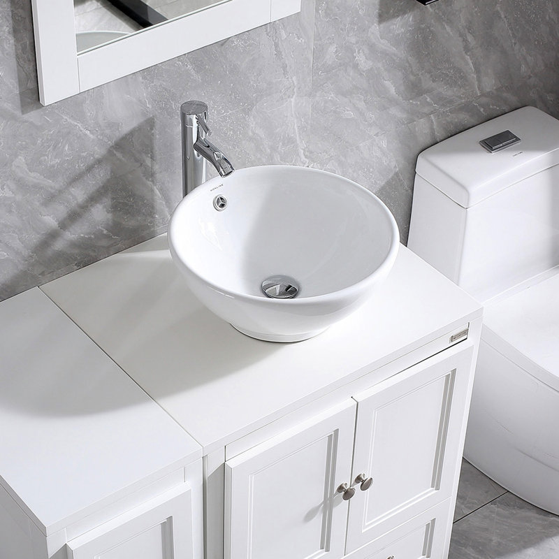 Wonline 15.748'' White Ceramic Circular Bathroom Sink with Faucet and Overflow