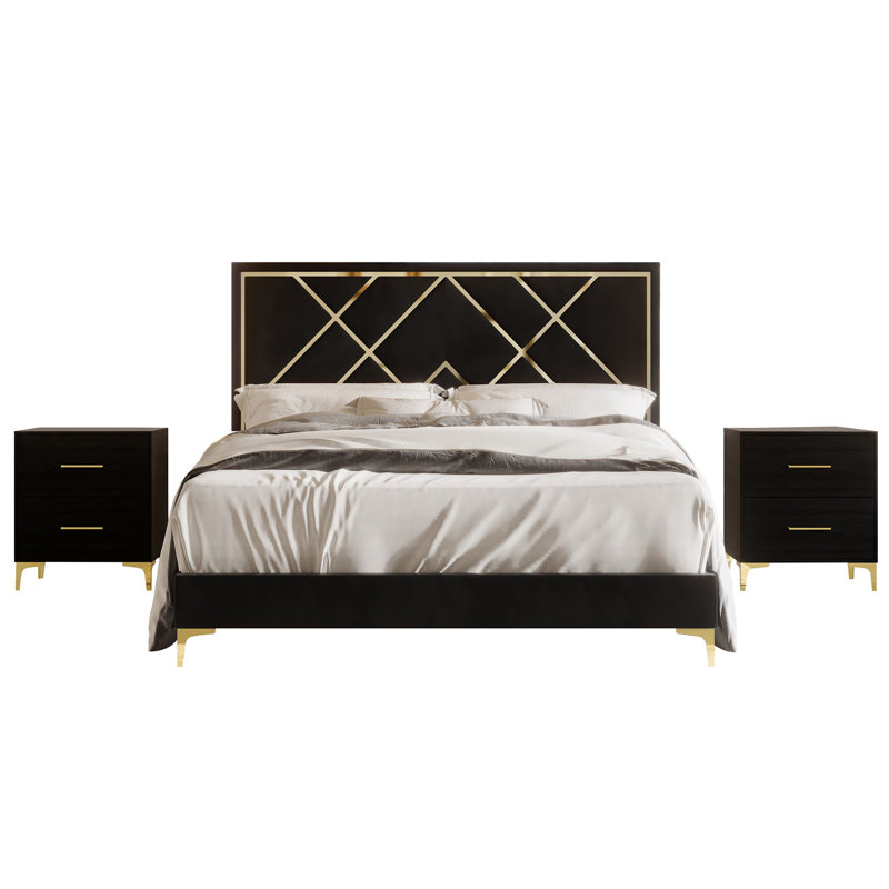 Lausyn Upholstered Standard 3 Piece Bedroom Set, Black, Queen