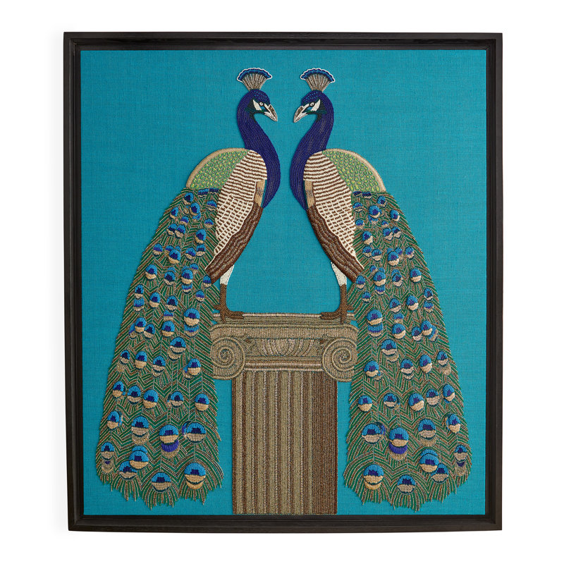 Hand-Beaded Peacock Wall Art in Black Floater Frame