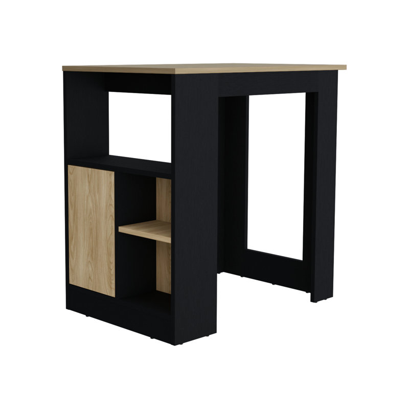Black & Natural Oak Kitchen Island With 1-Door Storage Cabinet And Side Shelves Handy
