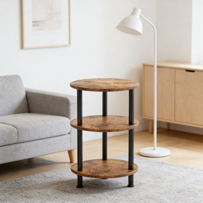 3-Tier Round Side Table For Small Spaces, Rustic Accent Table With Spacious Shelves, Sturdy Steel Frame For Living Room, Bedroom, Or Office