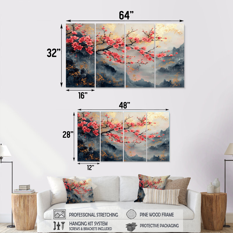 Rose et bleu, cerisier en fleurs, arbre en Chine, ensemble d'art mural sur toile, H 28 po x l 48 po