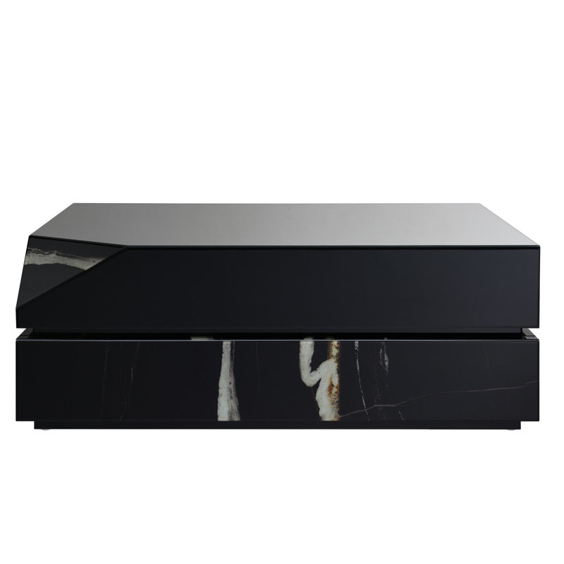 Contemporary Black Mirrored Coffee Table, Rectangular 47x28x18, Synthetic Wood, Elegant Marble Modern 47"x28"x18", Rectangular, Marble Surface