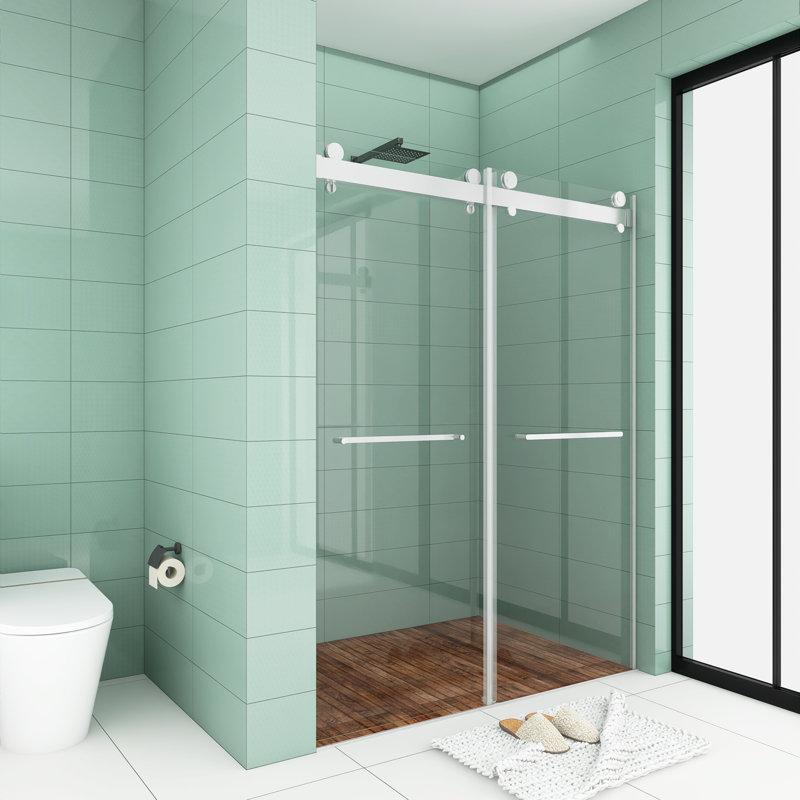 Porte de douche sans cadre à porte coulissante double l 60 po x H 79 po, Nickel
