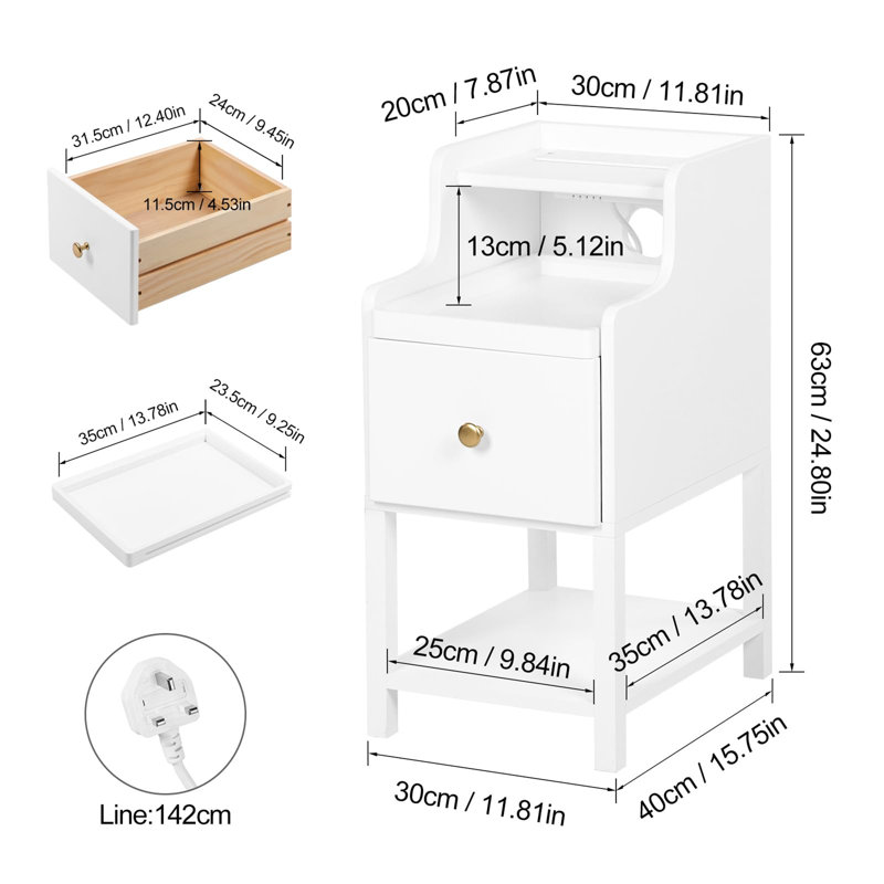 30cm W Manufactured Wood Bedside Table