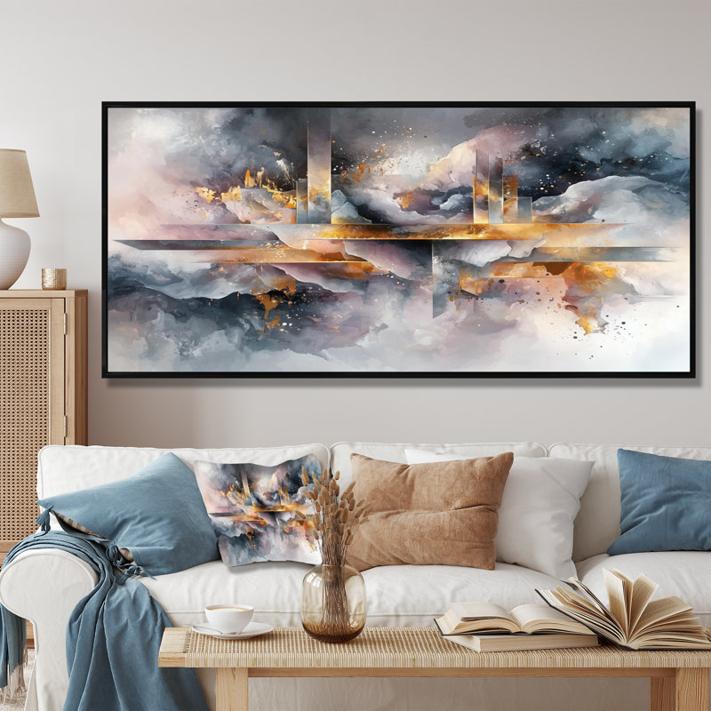 «Geometric Ink Pulse IV - Constructivism», art mural, Noir, H 28 po x l 60 po, Cadre flottant