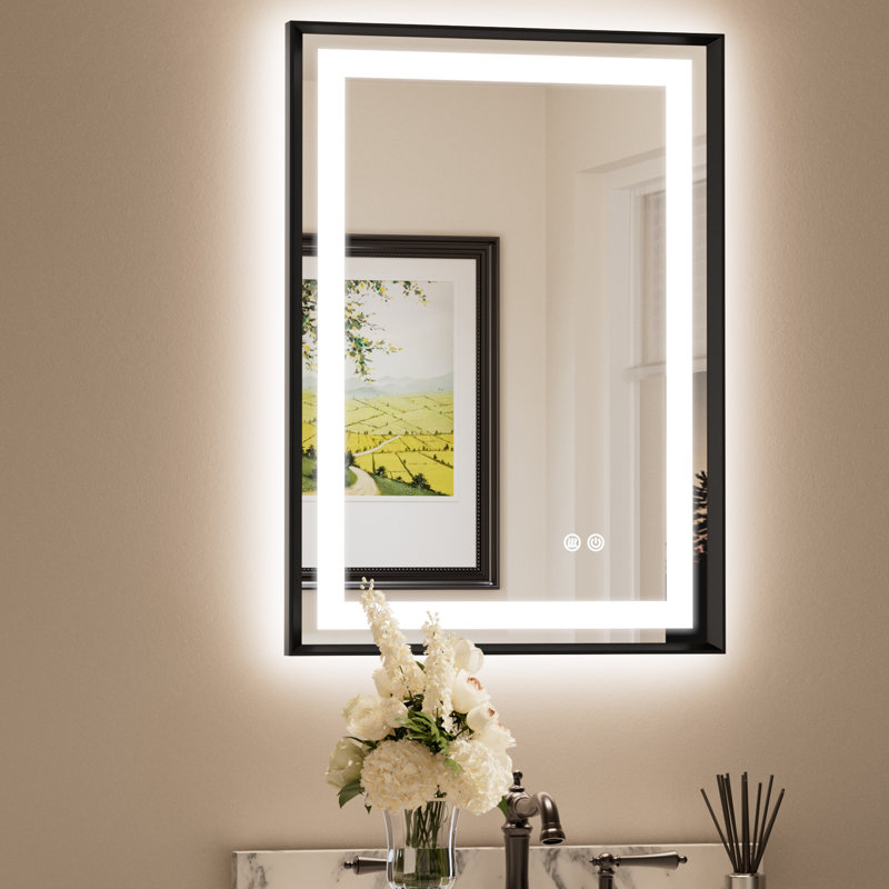LED lighted Mirror with Tempered Glass, Metal Frame, Frontlit & Backlit, 28" x 20"