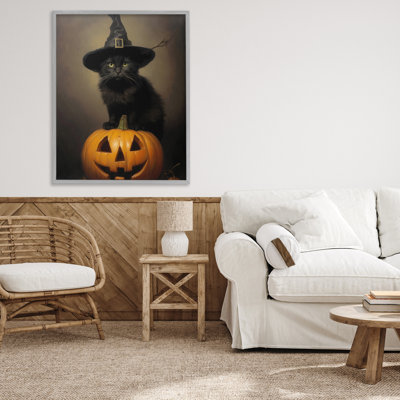 Giclée encadrée de chat noir sur citrouille, design par LSR Design Studio