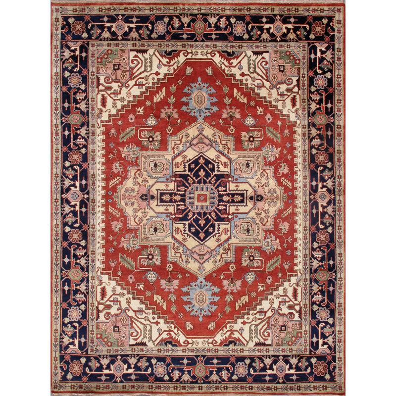 Tapis oriental rouge en laine noué à la main Serapi, Rectangulaire 8 pi x 10 pi, Rouge / bleu marine / crème