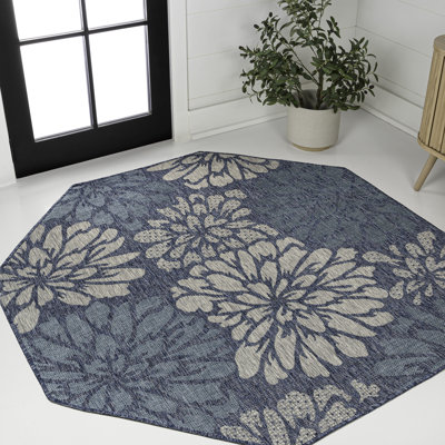 Hagy Modern Floral Textured Weave Navy/Aqua Indoor/Outdoor Rug