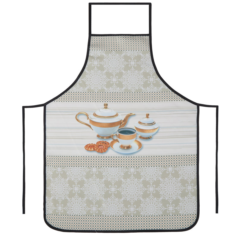 Vintage Baking Toile Chefs Cachet Pattern, Polyester Woven Printed Fabric, Cream Teapots, Standard Decorative Kitchen Bib Apron