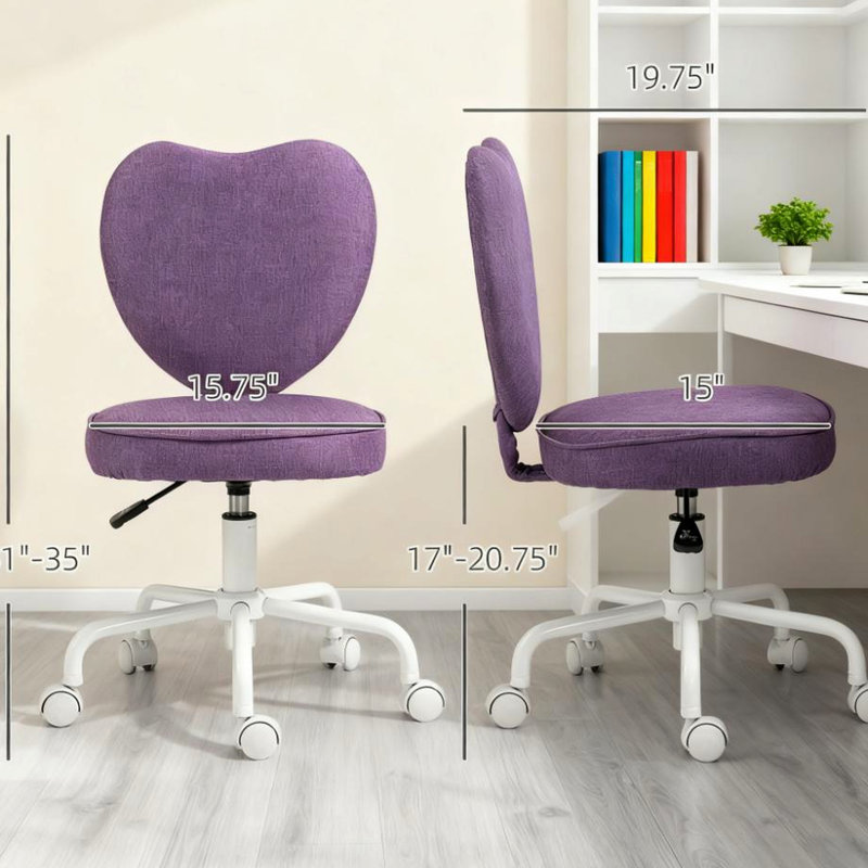Fauteuil de bureau violet avec dossier en forme de cœur, hauteur réglable, roulettes pivotantes à 360°, lin respirant et mousse souple, idéal pour les moments de détente à la maison.