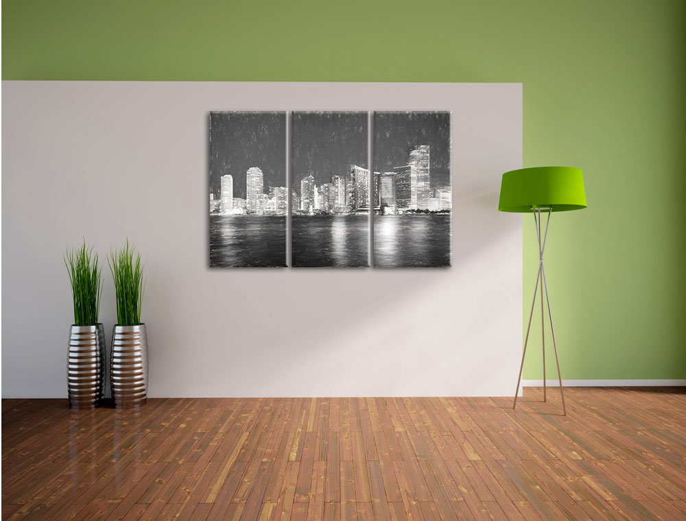 3-tlg. Leinwandbild-Set „Schöne Nacht-Szene Skyline von Miami Florida“, Kunstdruck