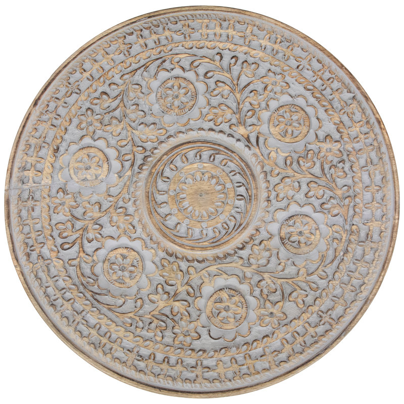21" Natural Wood Floral Carved Round Pedestal Side Table