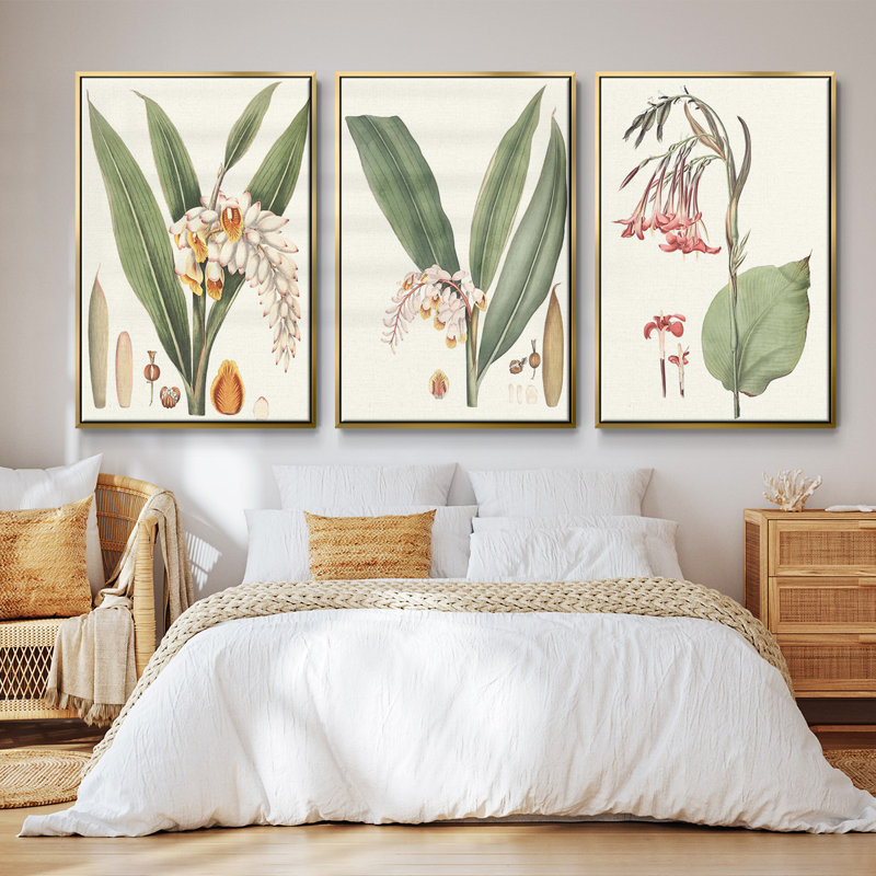 «Soft Tropical I», ensemble de 3 toiles encadrées, H 27 po x l 54 po, Or